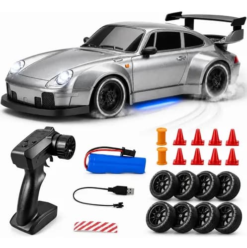Carrinho De Controle Remoto Porsche Drift 4x4 Alta Velocidade 20km/h Bateria Recarregavel 2 4ghz Escala 1:24 Com Luzes Led Pneus Extras E Cones De Obstaculos Kizumba Cinza Carrinho de Controle Remoto